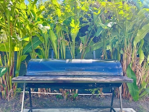 A black grill with a metal frame, set against a backdrop of green banana plants. - 5-Minute Walk to Saunders Beach, restaurants, attractions and  public transport (Nassau)