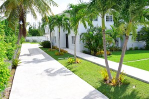 A well-maintained pathway leading to a white building with multiple windows, surrounded by lush greenery and palm trees. - 5-Minute Walk to Saunders Beach, restaurants, attractions and  public transport (Nassau)