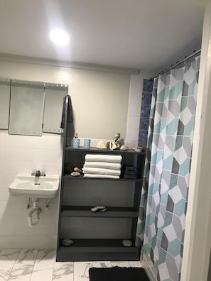 Combined shower/bathtub, hair dryer, towels, toilet paper