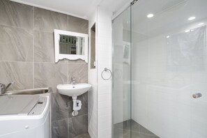 Shower, hair dryer, towels
