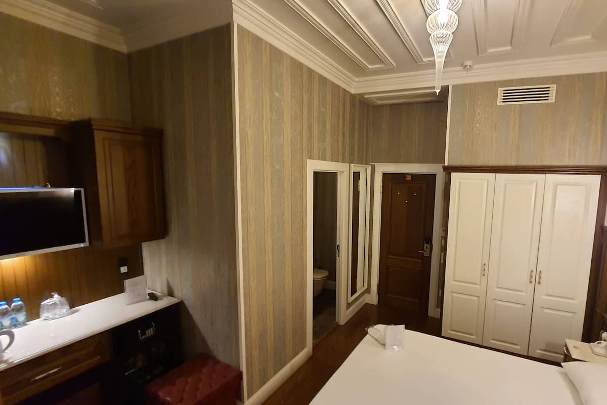 A hotel room with a bed, a desk with a flat-screen TV, a wardrobe, and a bathroom with a toilet and shower.