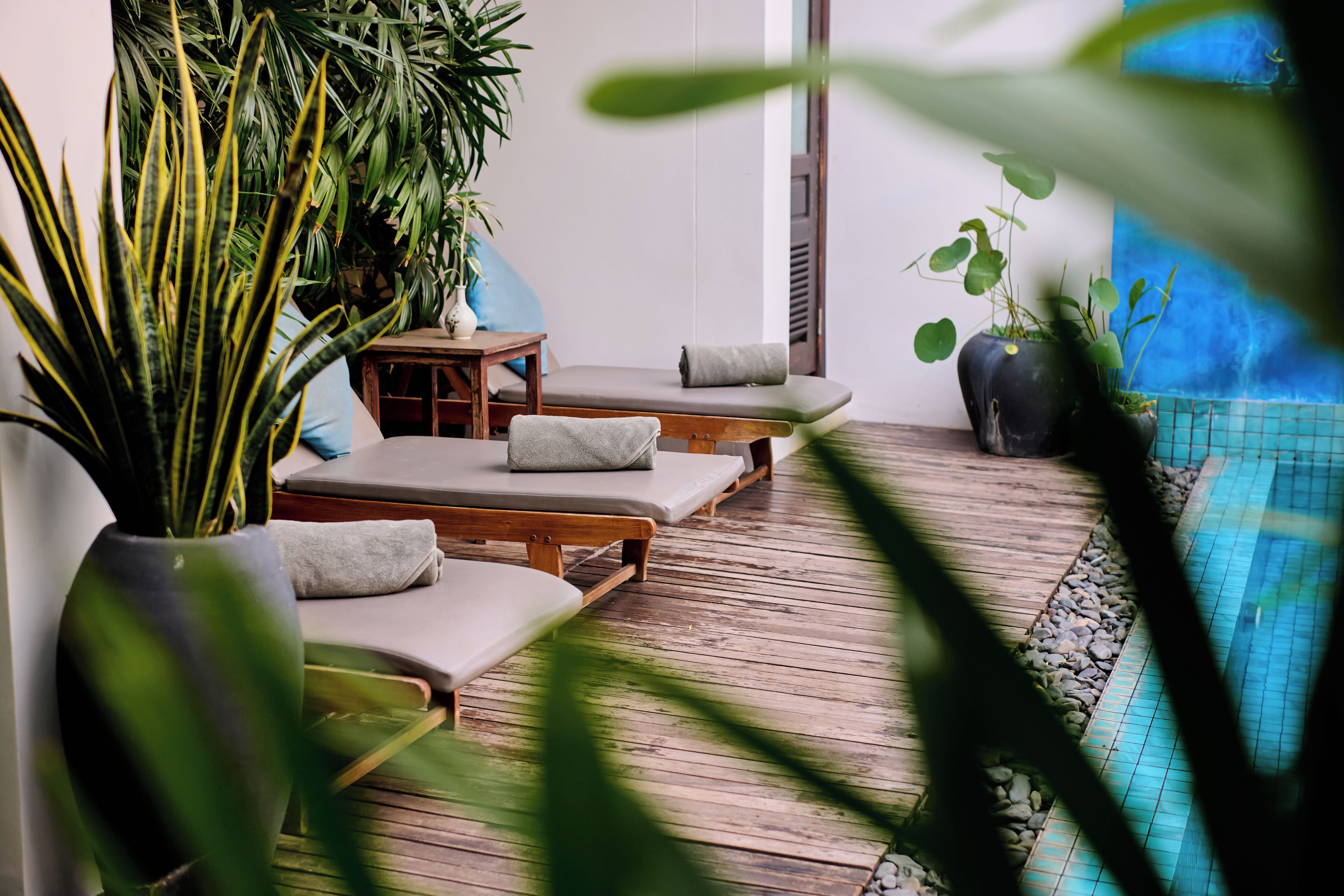 Una terraza de madera con sillones de descanso y una pequeña mesa, rodeada de plantas en macetas.