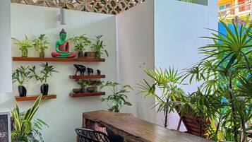 Un comedor con mesa y sillas de madera, rodeado de plantas en macetas y estantes con adornos.