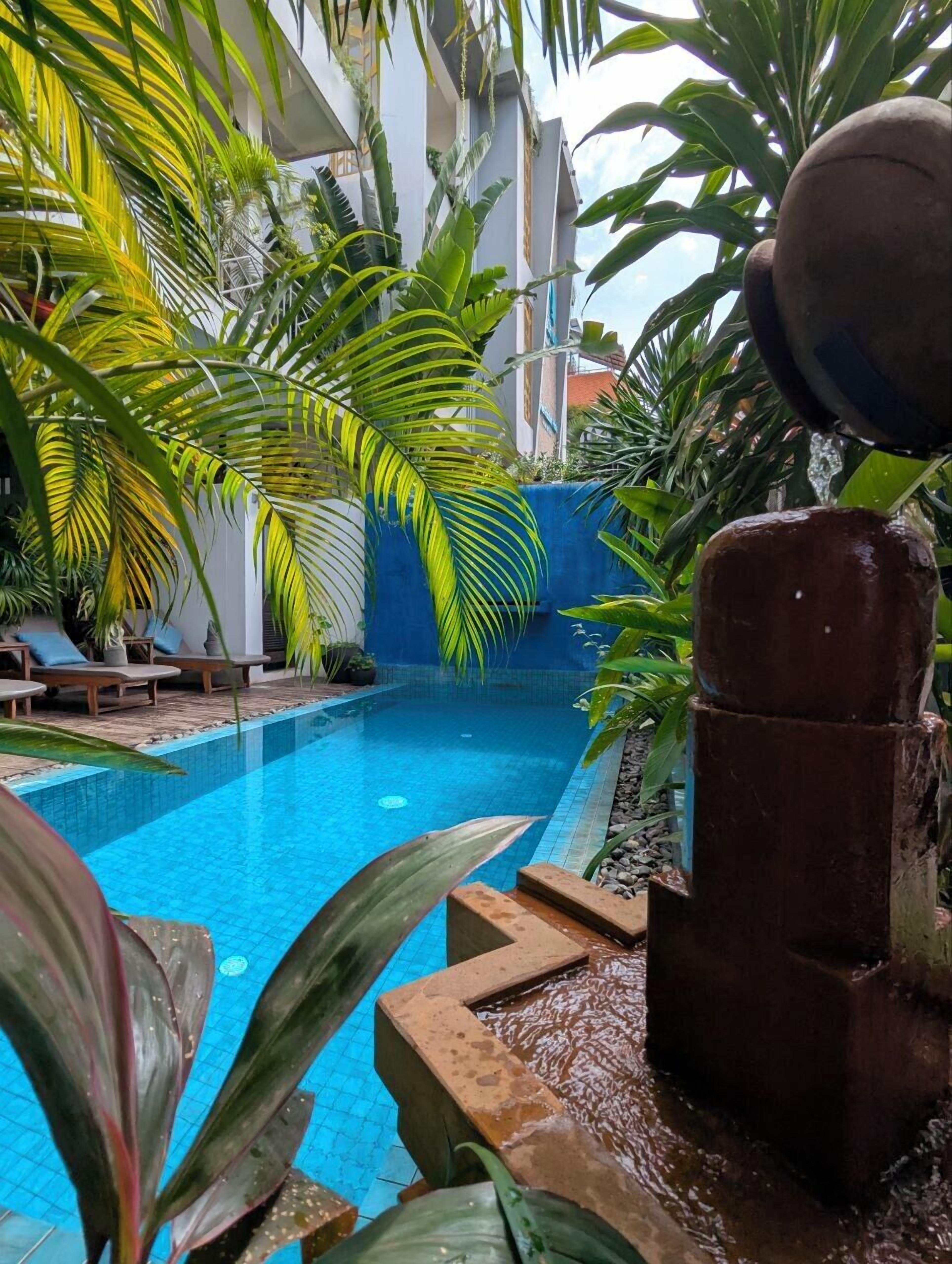 A swimming pool surrounded by lush greenery and a blue-tiled deck.