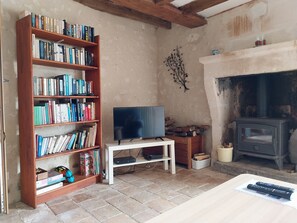 Un salon avec une bibliothèque, un téléviseur posé sur un meuble, une cheminée et une télécommande sur une table.