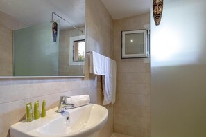 Shower, towels, toilet paper