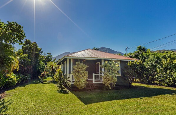 A house with a porch, surrounded by lush greenery and a mountain in the background. - Dream Vintage Surf Cottage TVNC 4301 (Hanalei)