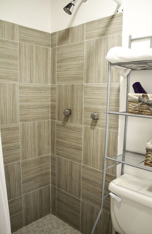 Shower, hair dryer, towels, shampoo