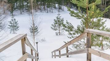 Eine Holztreppe führt zu einem verschneiten Wald mit Kiefern.