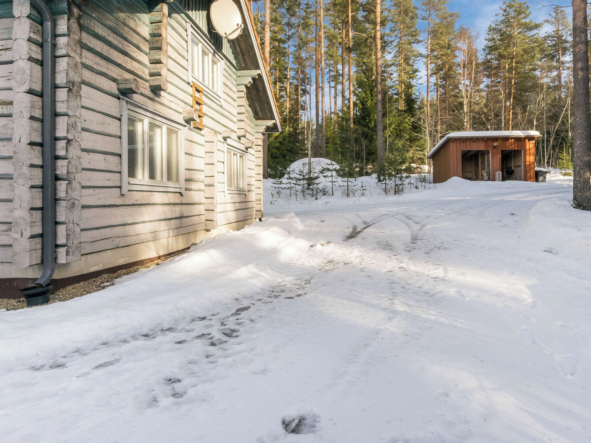 Una cabaña de troncos con un patio cubierto de nieve, un cobertizo de madera y un bosque al fondo.