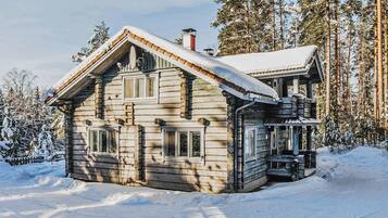 Une cabane en rondins avec un toit à forte pente, de nombreuses fenêtres et une cheminée.