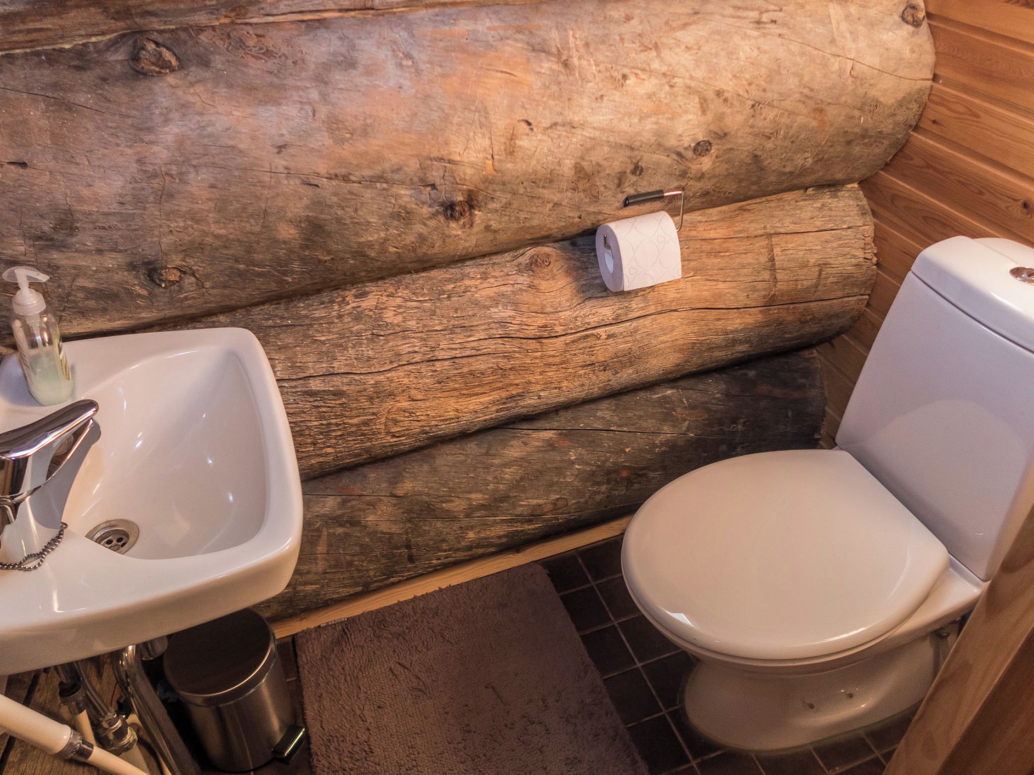 Une salle de bain rustique avec un mur en rondins de bois, un lavabo blanc et des toilettes.