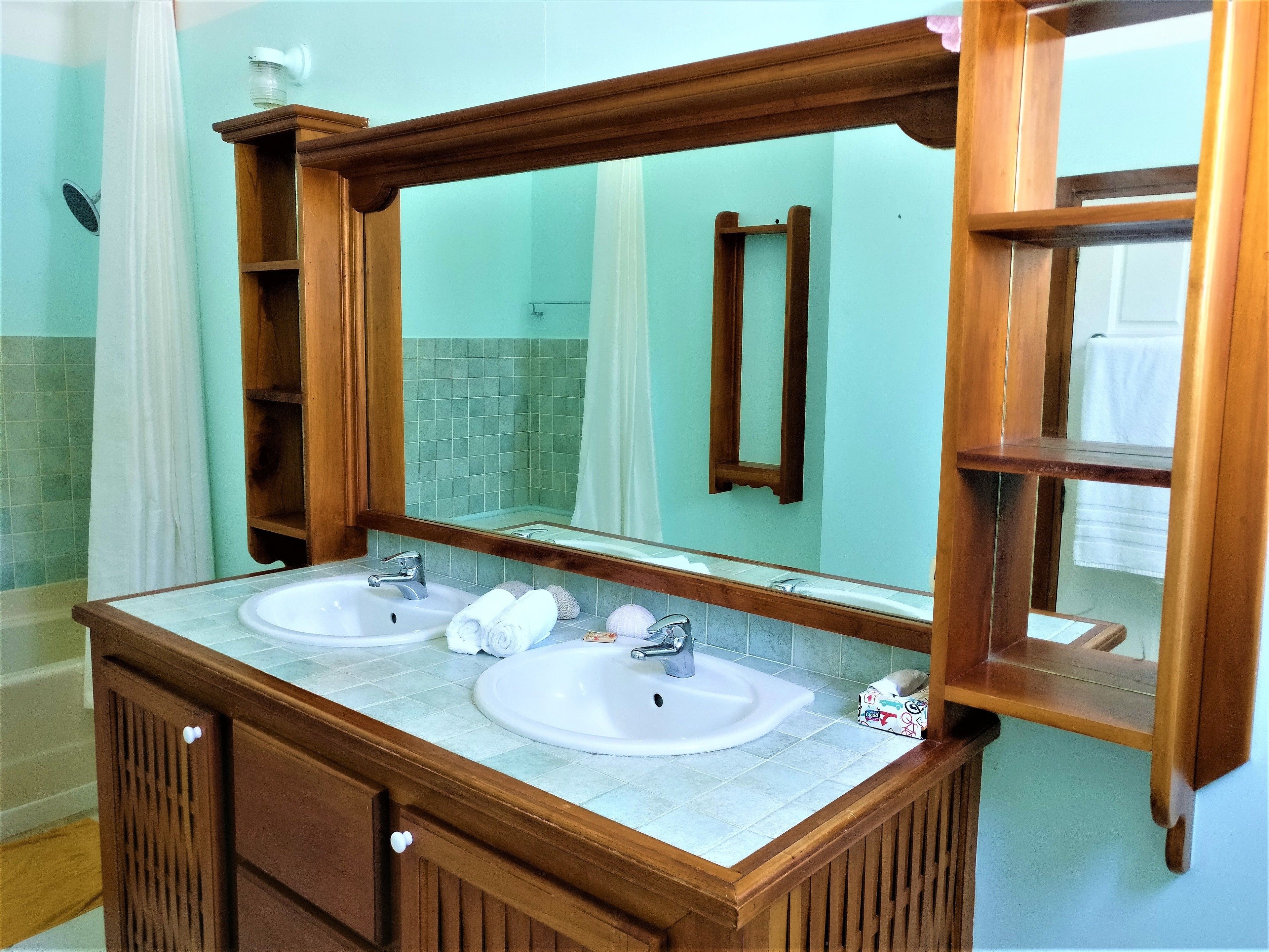 Une salle de bain avec deux lavabos, un grand miroir et une douche.