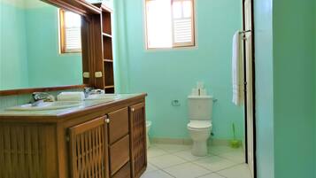A bathroom with a wooden vanity, a sink, a mirror, a toilet, and a window.
