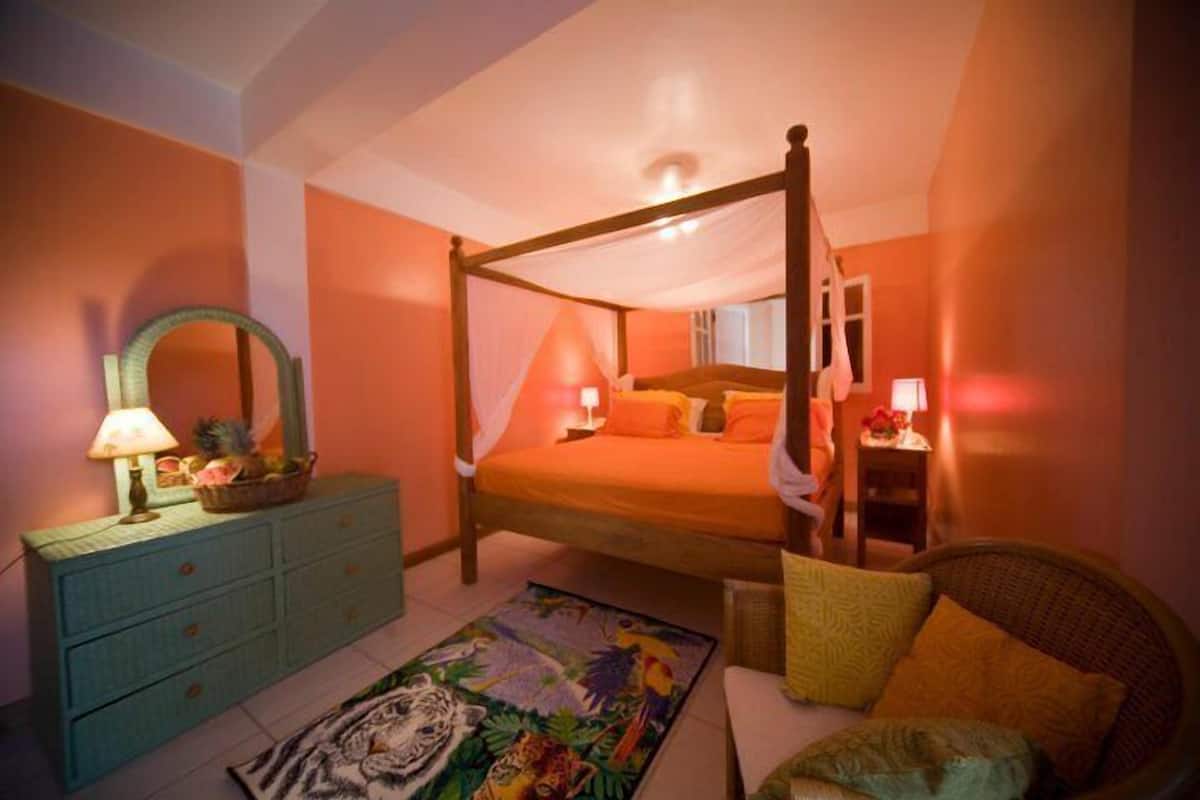 Un lit à baldaquin, une chaise en osier, une commode turquoise avec un miroir et un tapis aux motifs tropicaux.