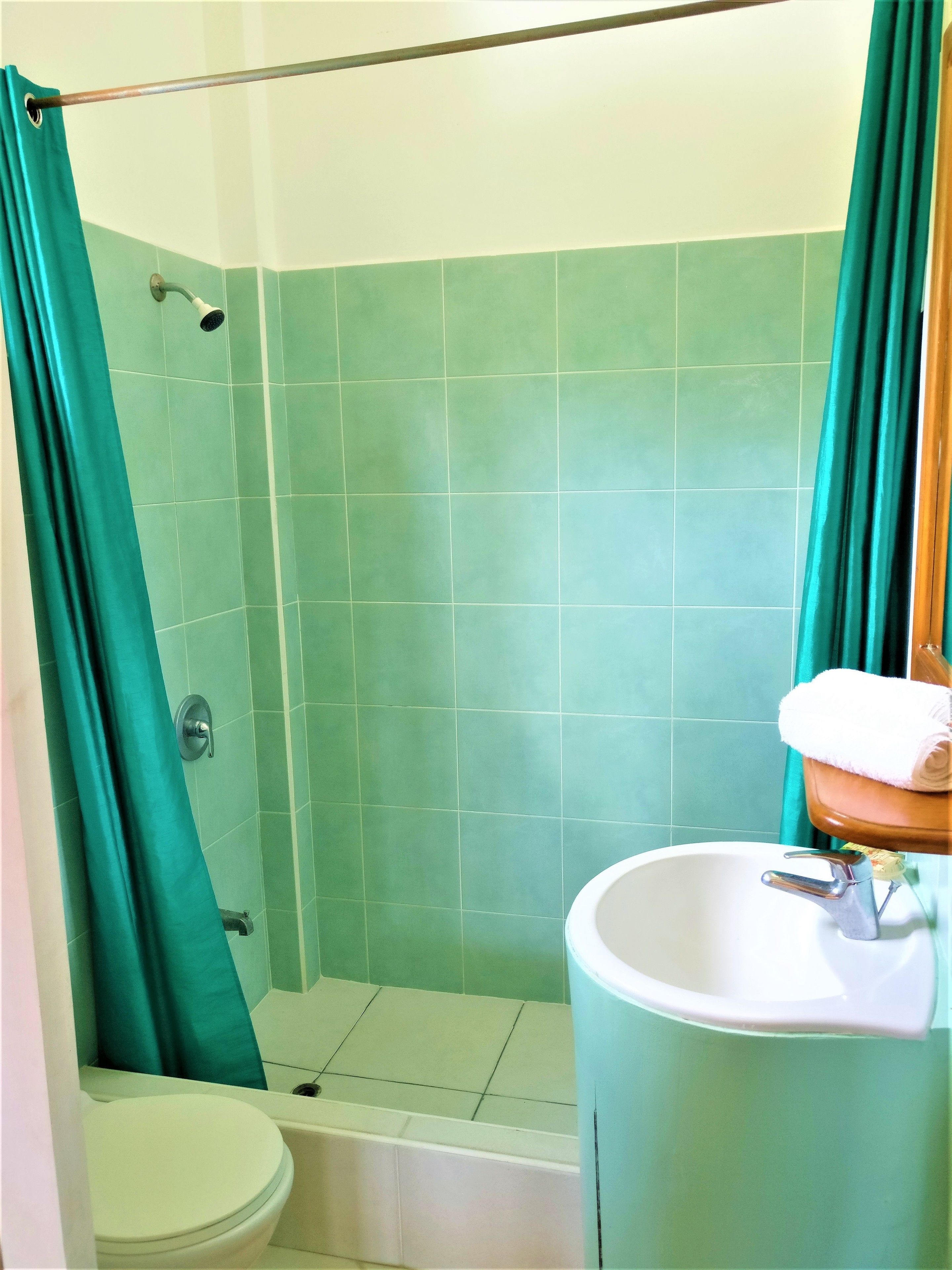 Ein Badezimmer mit Dusche, Toilette und Waschbecken.