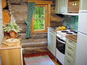 Réfrigérateur, micro-ondes, batterie de cuisine, vaisselle et ustensiles