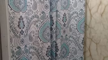 Shower, towels, soap, toilet paper