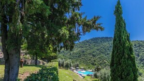 A pool area with a clear view of the surrounding landscape, including trees and a distant hill. - La Torre by Interhome (Reggello)