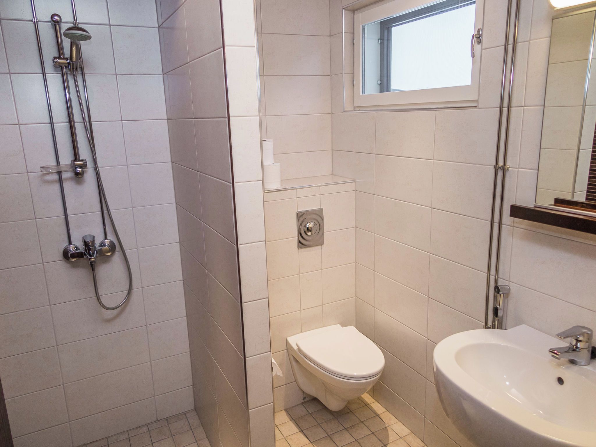 Une salle de bain avec douche, toilettes et lavabo.