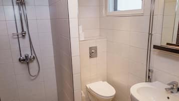 Une salle de bain avec douche, toilettes et lavabo.