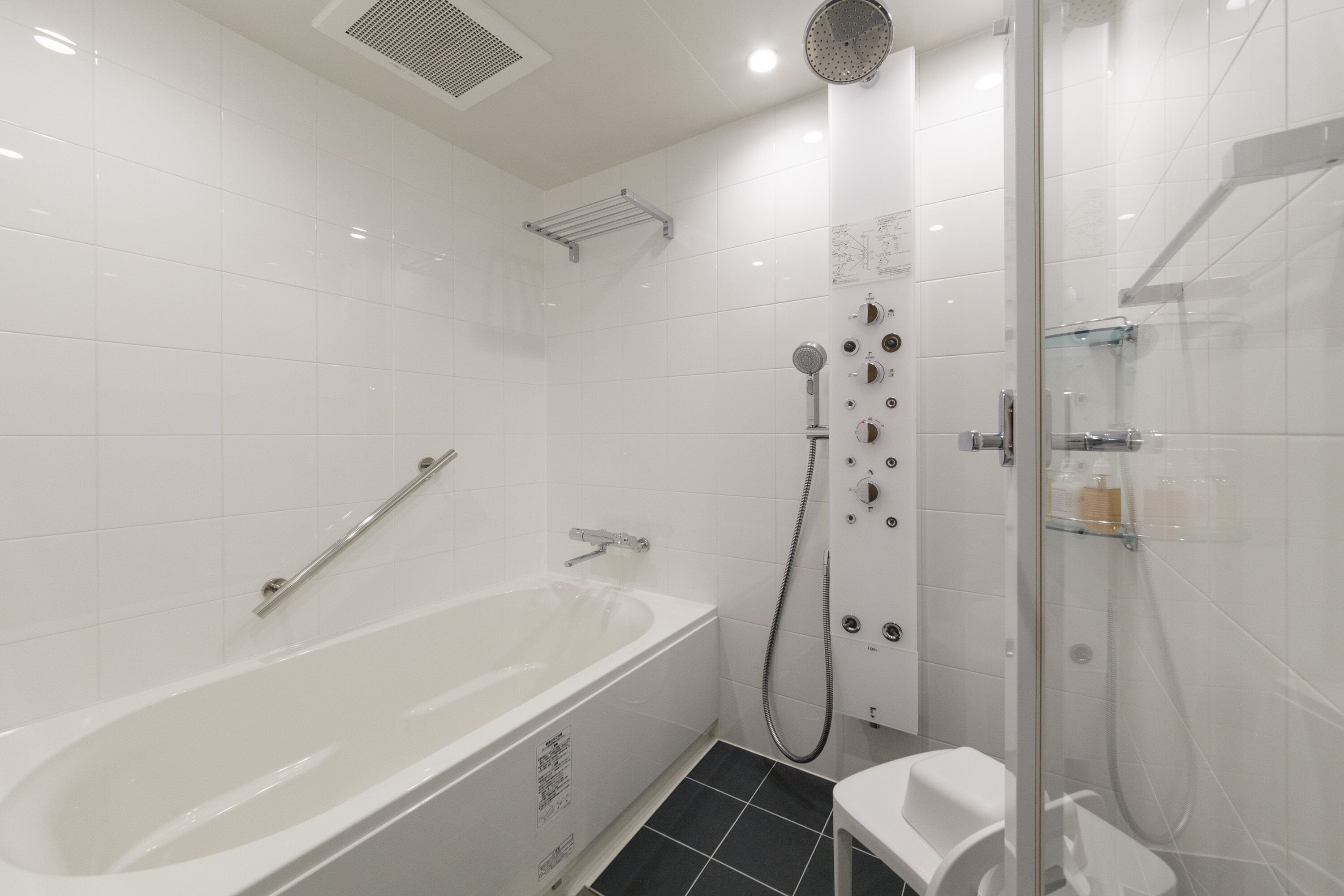 A modern bathroom with a bathtub, a shower, and a toilet.