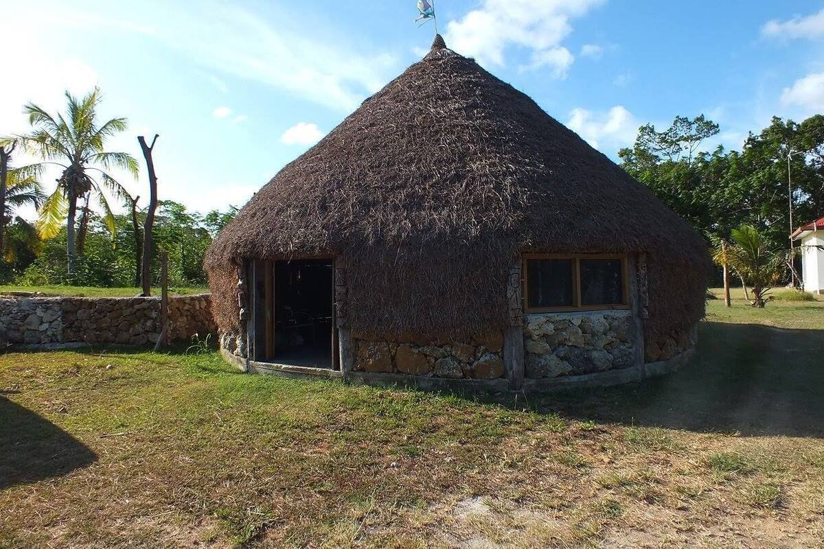 A thatched-roof hut with a stone base, a door, and a window.