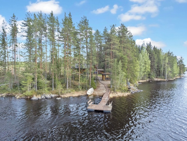 A cabin surrounded by tall pine trees, a dock extending into a calm river, and a clear sky.