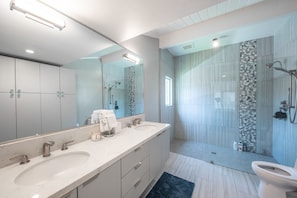 Hair dryer, towels, soap, shampoo