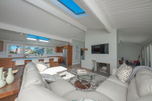 Smart TV, fireplace, music library