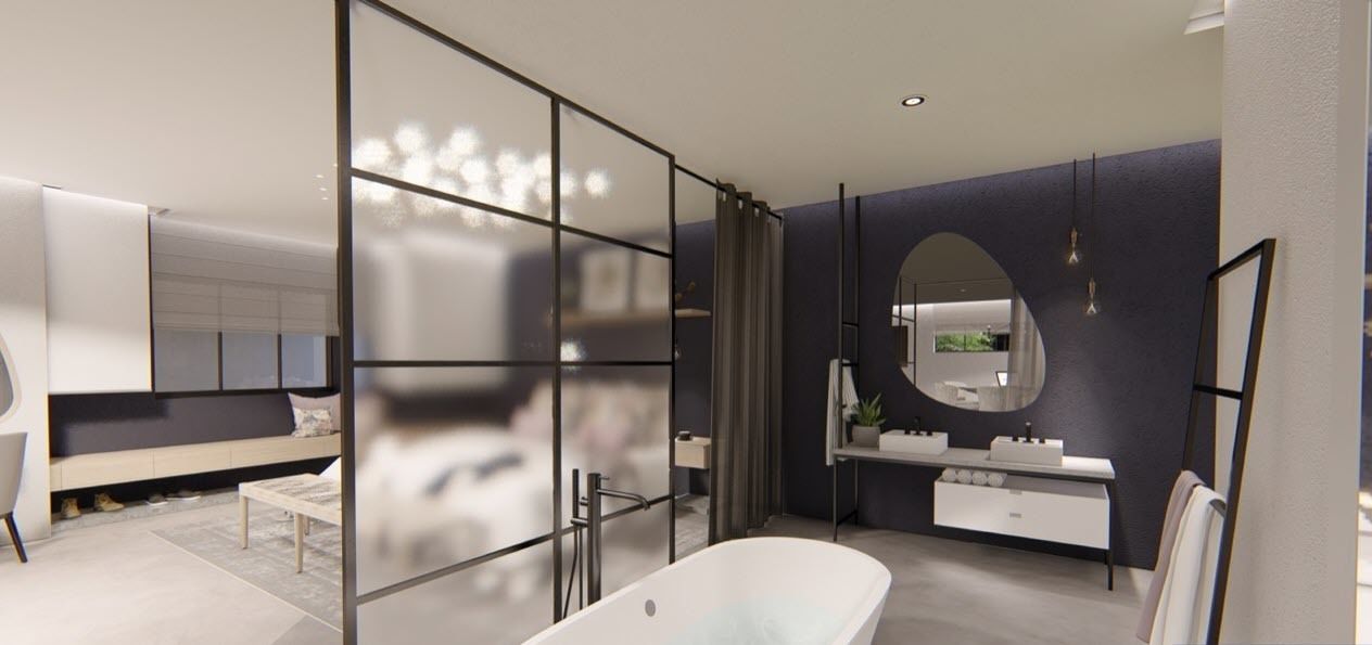 Une salle de bain moderne avec une baignoire sur pieds, un meuble-lavabo avec un miroir et une grande fenêtre.