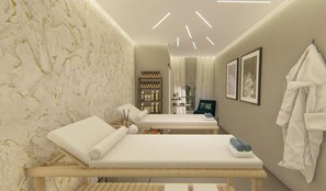 A spa room with two massage tables, a wooden bench, a wall with a marble-like pattern, and a shelf with bottles.
