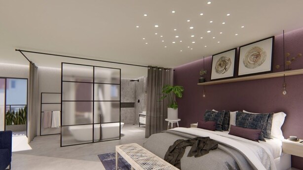A modern bedroom with a large bed, a walk-in closet, and a view of the outdoors.