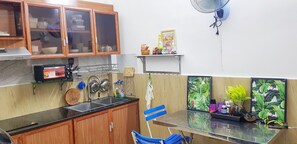 Fridge, microwave, oven, electric kettle