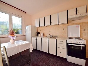 Fridge, oven, cookware/dishes/utensils, freezer