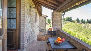 Une terrasse dallée de pierres, avec une table et des chaises, un panier de fruits et une vue sur les vignes.
