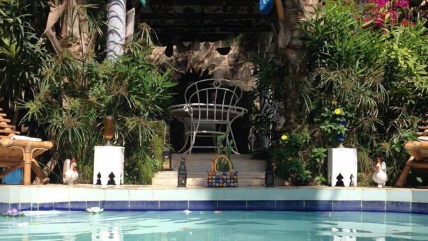 Zona de piscina con una estructura de techo de paja, rodeada de exuberante follaje y una piscina con azulejos.
