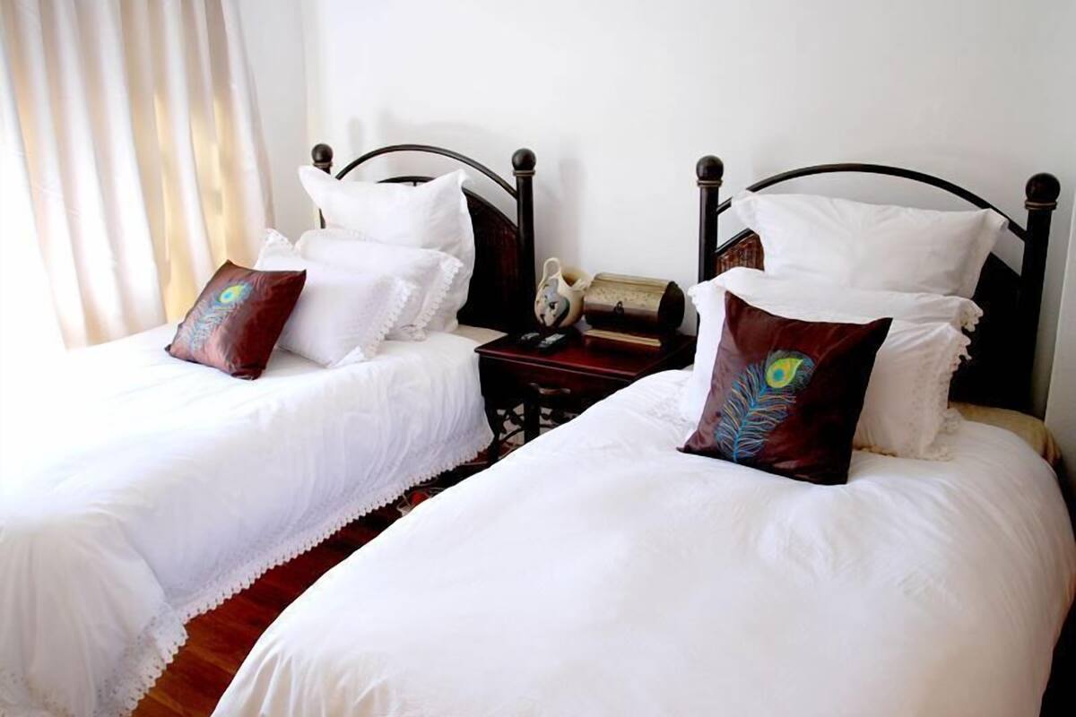 Two twin beds with white bedding and decorative pillows, a wooden nightstand with a lamp and a book, and a window with curtains.