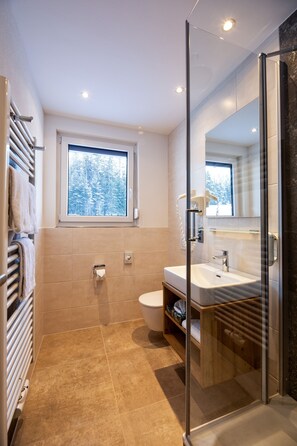 A modern bathroom with a glass shower enclosure, a toilet, and a sink. - Landhotel Thälerhäusle Ochsen (Furtwangen)