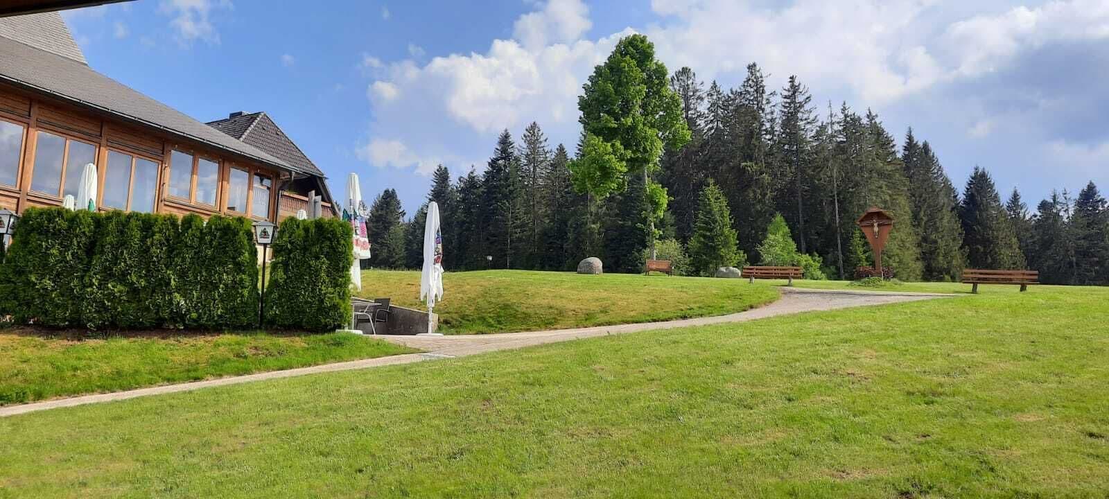A building with a wooden facade, a grassy area with a path, and a forest in the background.