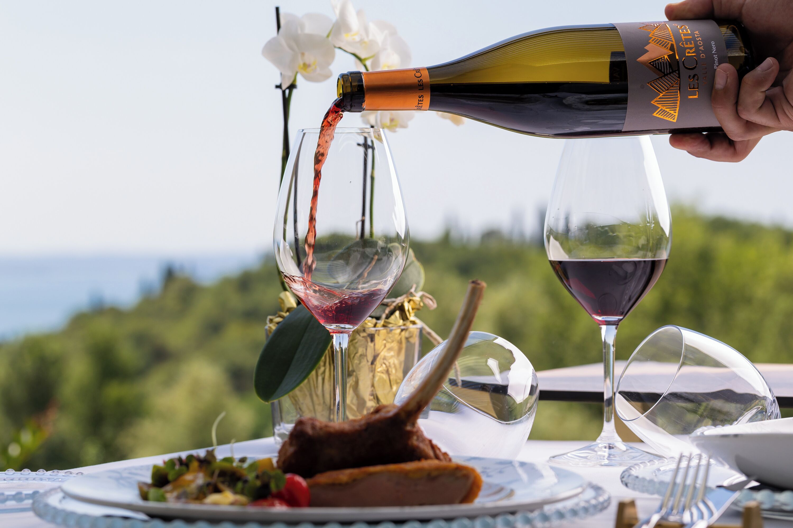 A bottle of wine being poured into a glass, with a scenic outdoor view in the background.