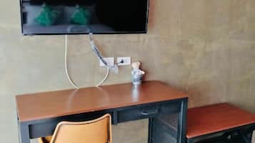 Individually decorated, desk, laptop workspace, blackout curtains