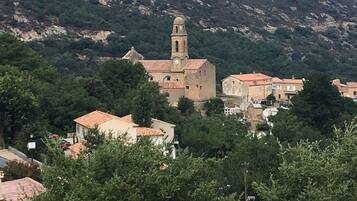A historic church with a bell tower, surrounded by residential buildings and dense greenery.