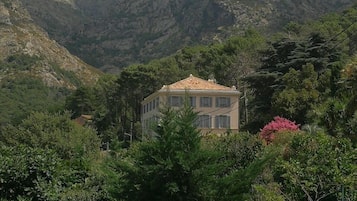 A house surrounded by dense greenery and mountains.
