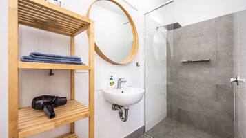 Shower, hair dryer, towels, toilet paper