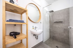 Shower, hair dryer, towels, toilet paper