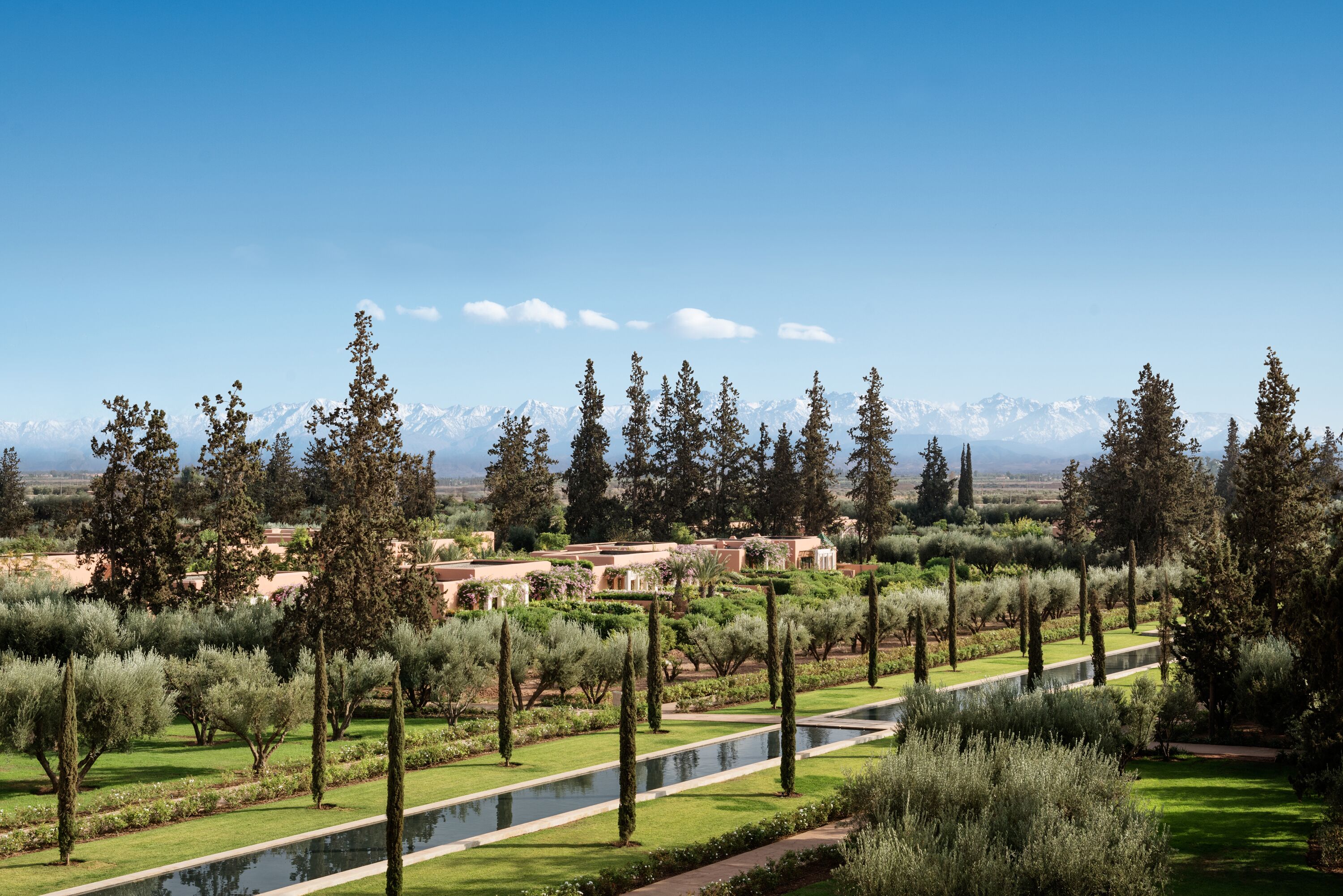 A landscaped garden with a pathway, trees, and a view of mountains.