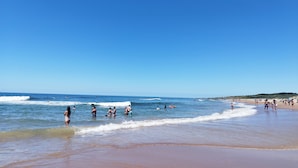 Une plage où l’on peut se baigner et faire de la planche à voile, avec un ciel dégagé et une rive sablonneuse.