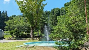 Una piscina con una fuente de agua, rodeada de abundante vegetación y árboles.