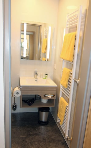 A bathroom with a sink, mirror, towel rack, and a trash bin.